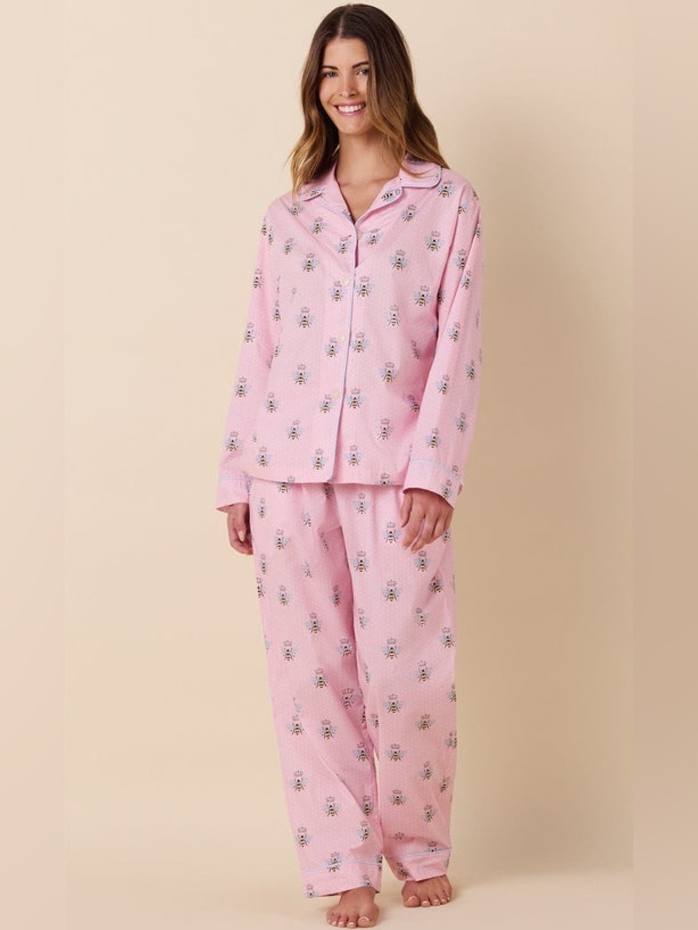 The Cat's Pajamas Women's Queen Bee Luxe Pima Cotton Classic Pajama Set in Pink